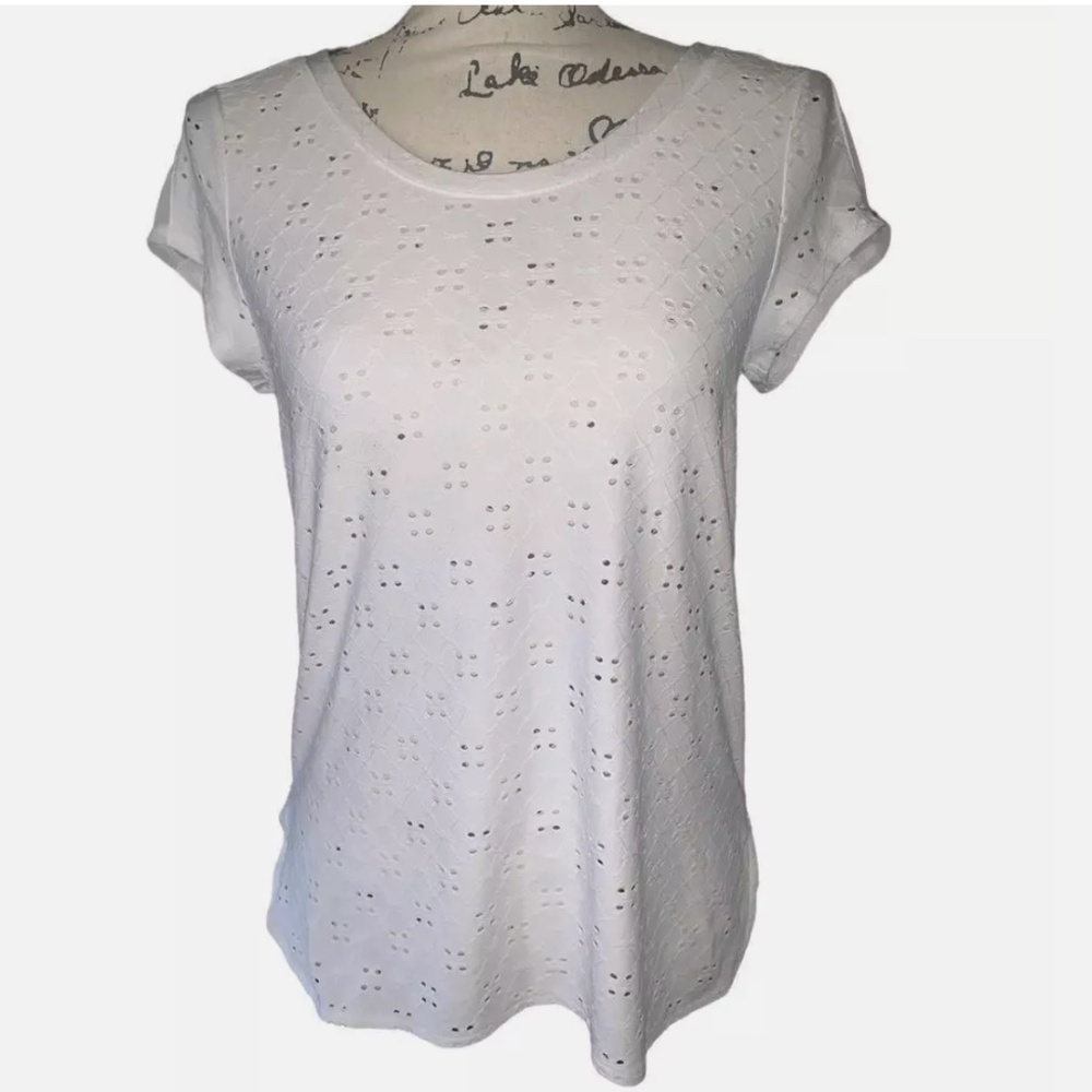 The Limited *WHITE* High-Low Short Sleeve Eyelet Stretch Top
